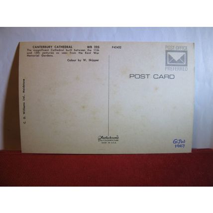 CANTERBURY CATHEDRAL unused vintage postcard by C G Williams, Maidstone WB 225 =