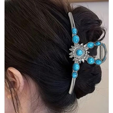 Extra large silver turquoise blue stone sun metal western hair claw clip
