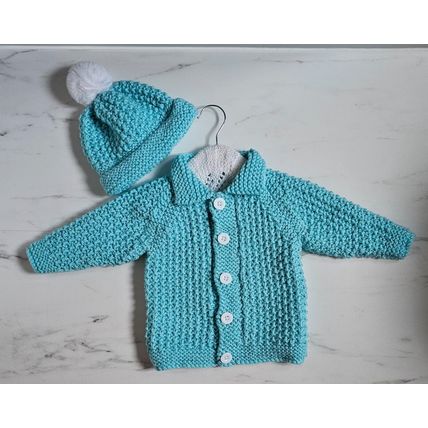 Hand Knitted Baby Jacket & Matching Hat in Blue Chunky Wool Age 12-18 Months
