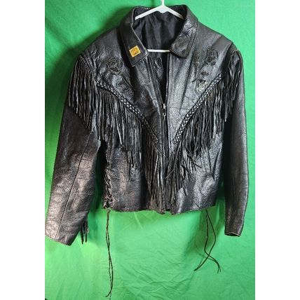 Vintage UNIK Black Leather Motorcycle jacket Womans M Fringe Rose Inlay Lined
