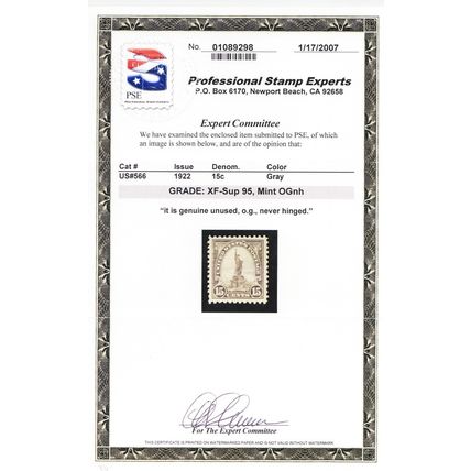 566, Mint XF/Superb NH 15¢ - With Graded 95 PSE Certificate - Stuart Katz