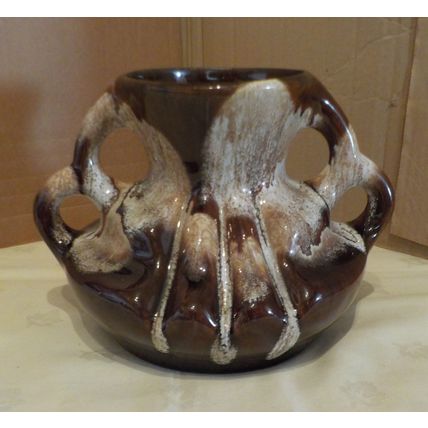 Vintage Kad Yad Brown & White Drip Glaze Double Handled Pot From Israel