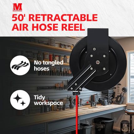 Maxworks 80720 50Ft Auto Rewind Retractable Reel with 3/8" X 50' Air Hose with B