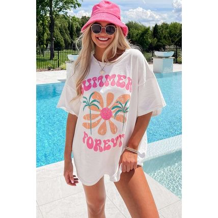 White SUMMER FOREVER Flower Graphic T Shirt