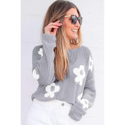 Light Grey Big Flower Hollowed Knit Drop Shoulder Sweater