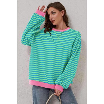 Sky Blue Stripe Oversized Contrast Trim Pullover Sweatshirt