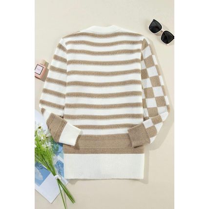 Smoke Gray Gingham Striped Knitted Open Front Cardigan
