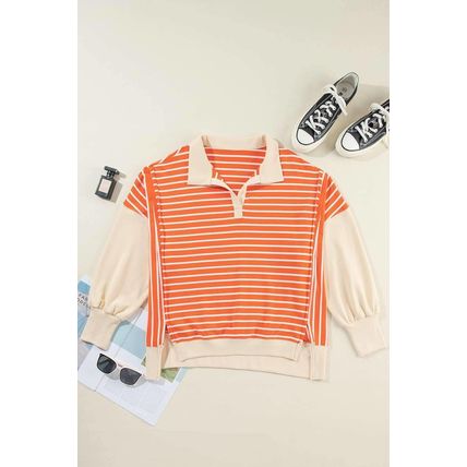 Orange Stripe Color Block Loose Fit Collared Drop Shoulder Sweatshirt