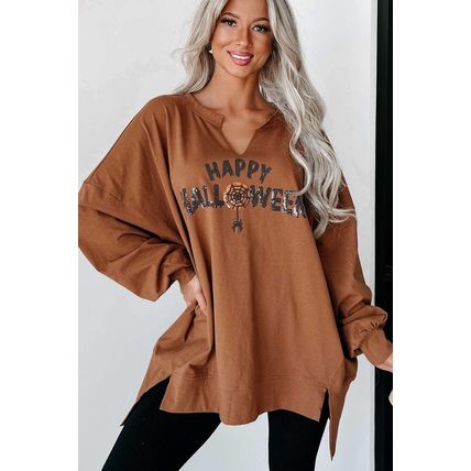 Chestnut Sequin Happy Halloween Graphic Notched Neck Long Sleeve Loose Top
