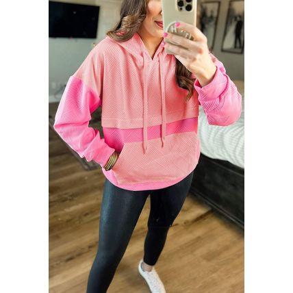 Pink Textured Color Block Kangaroo Pocket Drop Shoulder Hoodie