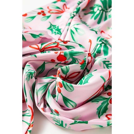 Pink Christmas Berries Plant Print Satin Long Sleeve Pajama Set