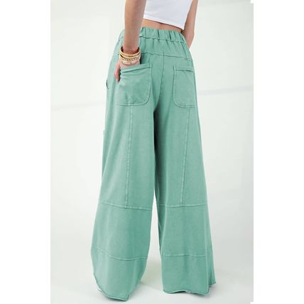 Mint Green Mineral Wash Exposed Seam Drawstring High Waist Wide Leg Cargo Pants