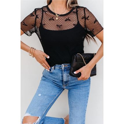 Black Bow Knot Dotted See-through Mesh Patched Slim Fit Blouse