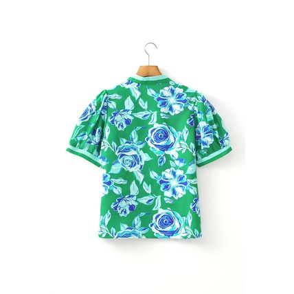 Bright Green Rose Floral Print Puff Short Sleeve Summer Blouse