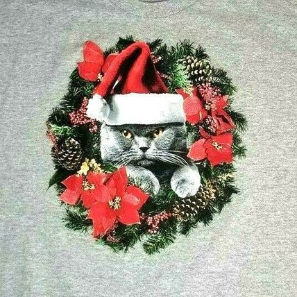 Christmas Holiday Cat T-Shirt Kitty Santa Claus Wreath Size XL Gray (T8H)