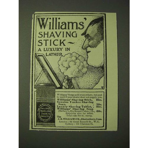 1900 Williams' Shaving Stick Ad - A luxury in lather