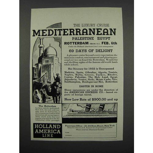 1931 Holland America Line Ad - Mediterranean
