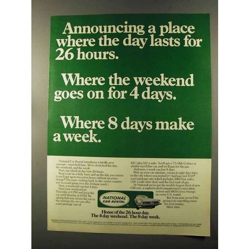 1973 National Car Rental Ad - Day Lasts for 26 Hours
