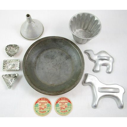 Vintage 10 Pc. Lot of Small Kitchen Items, Molds, Funnel, Milk Bottle Caps, etc.