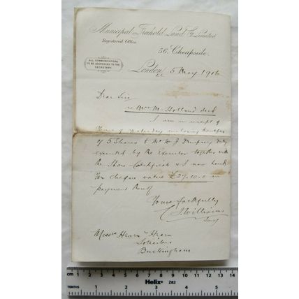 1906 letter Municipal Freehold Land Co, London re share certificates