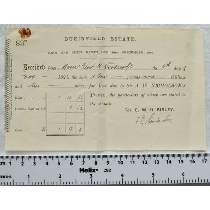 1926 receipt rent Sir A. W. Nicholson's Dukinfield Estate, Woodcroft