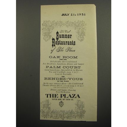 1951 The Plaza Hotel Ad - The cool Summer restaurants of the Plaza