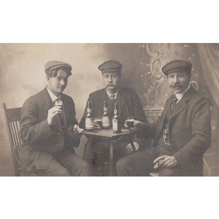 Men Chinese Beer Bottles Smoking Cigar In Old Edwardian Pub Old Postcard