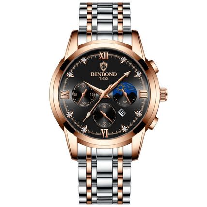 BINBOND B3591 30m Waterproof Luminous Calendar Men Watch, Rose Gold-Black, Rose