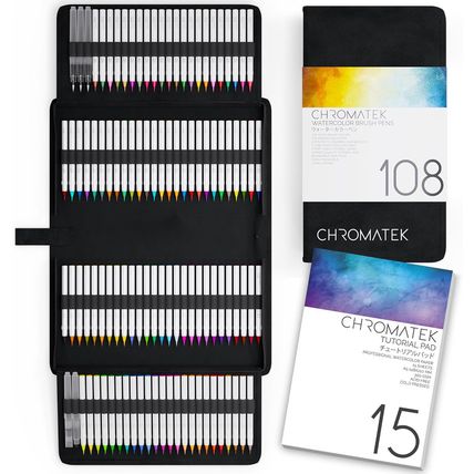 CHROMATEK 108 Watercolor Pens Set | Including 15 Page Pad & Online Video Tutoria