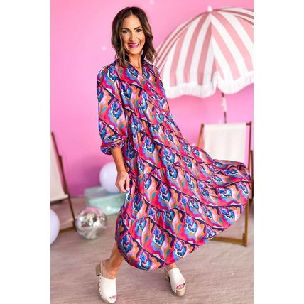Abstract Geometric Print Long Sleeve High Waist Dress