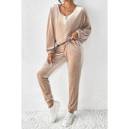 Parchment Velvet Zipped Top and Joggers Two Piece Set