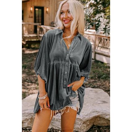 Dark Grey 3/4 Sleeve Tunic Babydoll Velvet Shirt