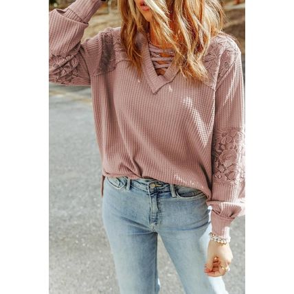 Pink Lace Waffle Patchwork Strappy V Neck Long Sleeve Top