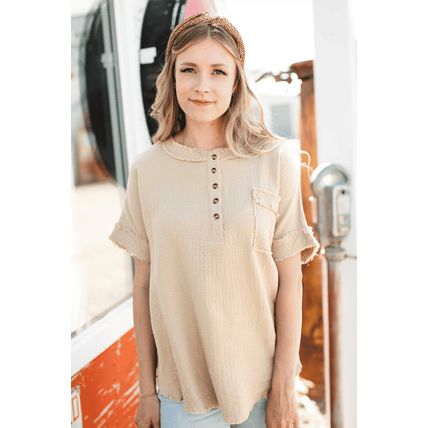 Parchment Crinkle Textured Frayed Trim Half Button Short Sleeve Top