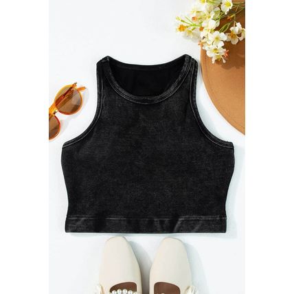 Black Ribbed Mineral Wash Racerback Cropped Tank Top