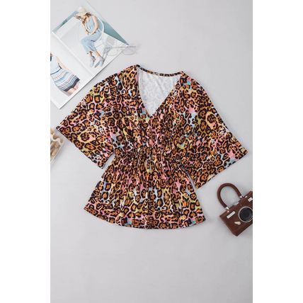White Leopard Print Wide Sleeve Peplum Hem Blouse