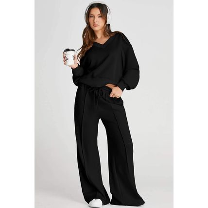 Black V Neck Cropped Seamed High Waist Sports Wear
