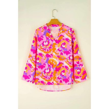 Pink Abstract Print Tab Sleeve Notched Neck Blouse