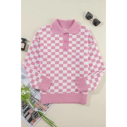 Pink Checkered Buttons Collar V Neck Drop Shoulder Sweater