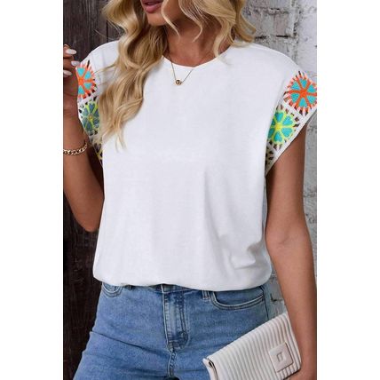 White Floral Crochet Sleeve Crew Neck Top