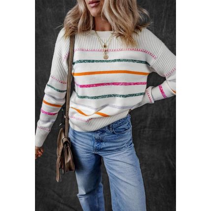 White Colorful Striped Ribbed Trim Sweater