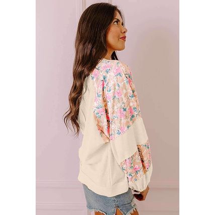 Apricot Textured Floral Patchwork Balloon Sleeve Blouse