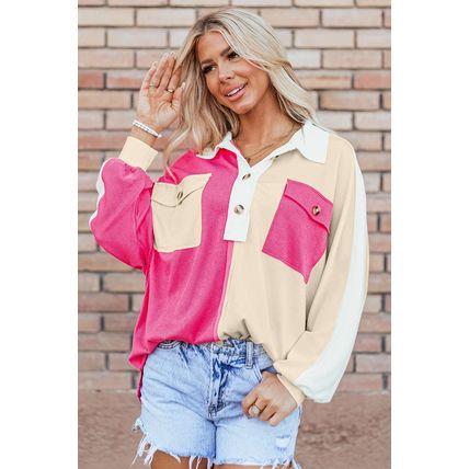 Rose Red Colorblock Ribbed Collared Oversized Sweatshirt