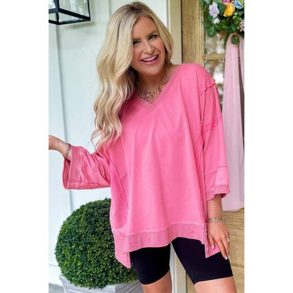Bonbon Bracelet Sleeve Mineral Washed V Neck T Shirt