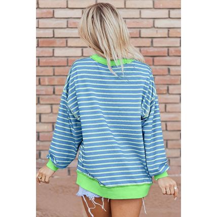 Sky Blue Stripe Contrast Trim High Low Pullover Tunic Sweatshirt