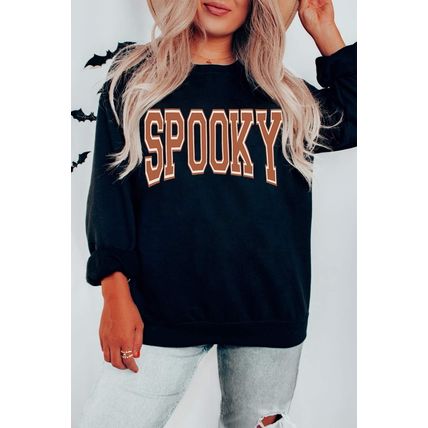 Black SPOOKY Graphic Drop Shoulder Halloween Pullover Sweatshirt