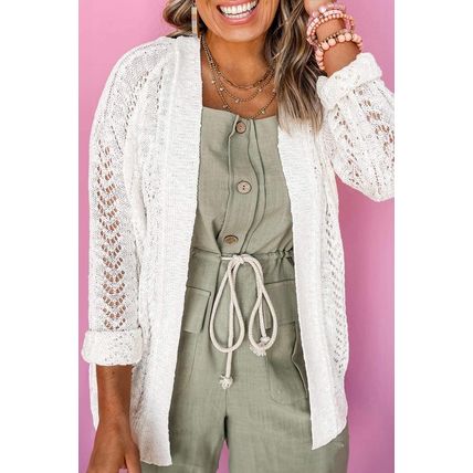 White Plus Size Eyelet Knit Open Front Cardigan