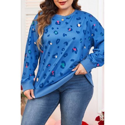 Sky Blue Leopard Ribbed Edge Drop Shoulder Pullover Sweatshirt