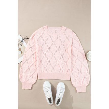 Gossamer Pink Openwork Plaid Puff Sleeve Cropped Sweater