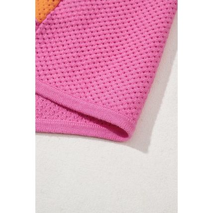 Orange Color Block Eyelet Casual Sweater T Shirt